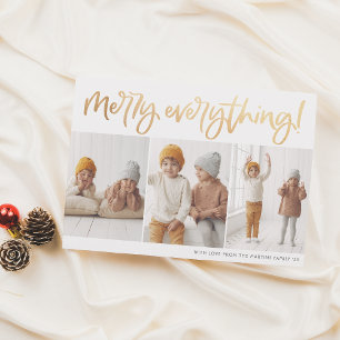 Merry Everything Gold Script 3 Photo Christmas Holiday Card