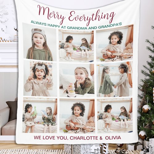 Merry Everything Grandparents 9 Photo Christmas  Fleece Blanket