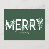 Merry Everything Green Holly Berries Foliage Holiday Postcard