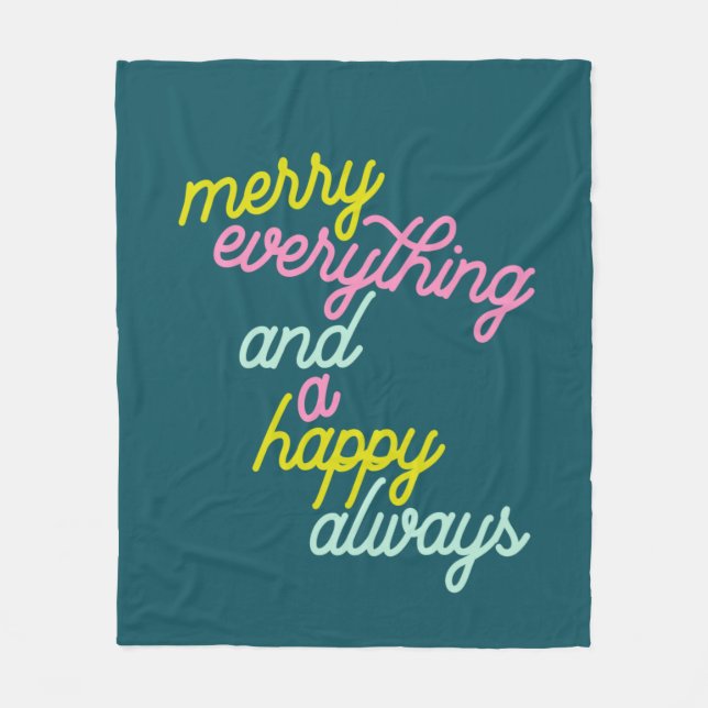 Merry Everything Happy Always Mint Teal Holiday Fleece Blanket (Front)