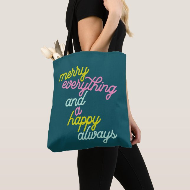 Merry Everything Happy Always Mint Teal Holiday Tote Bag (Close Up)