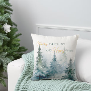 Merry Everything Happy Always Winter Trees Throw Pillow