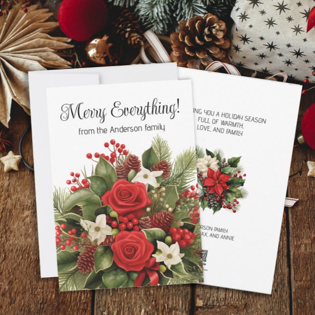 Merry Everything Holiday Red White Floral Greenery Card (Red and white floral and greenery "Merry Everything" holiday greeting card. Personalized text.)