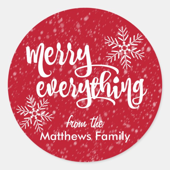 Merry Everything Holiday Snowfall Classic Round Sticker (Front)