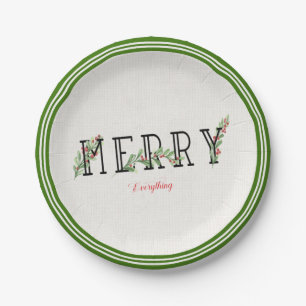 Merry Everything Holly And Berries Green Edge Paper Plates