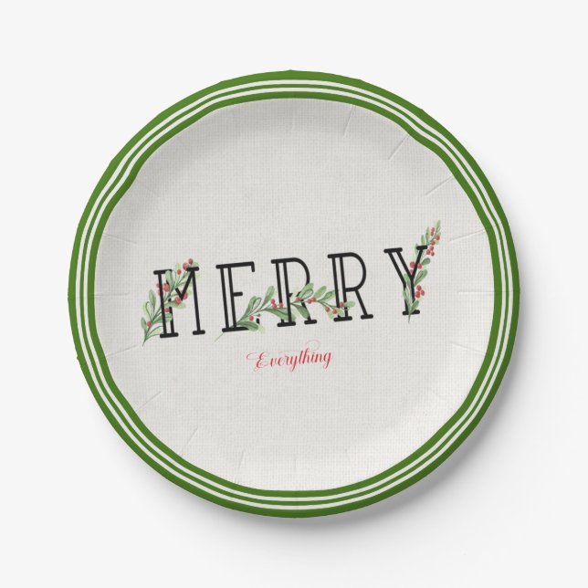 Merry Everything Holly And Berries Green Edge Paper Plates (Front)