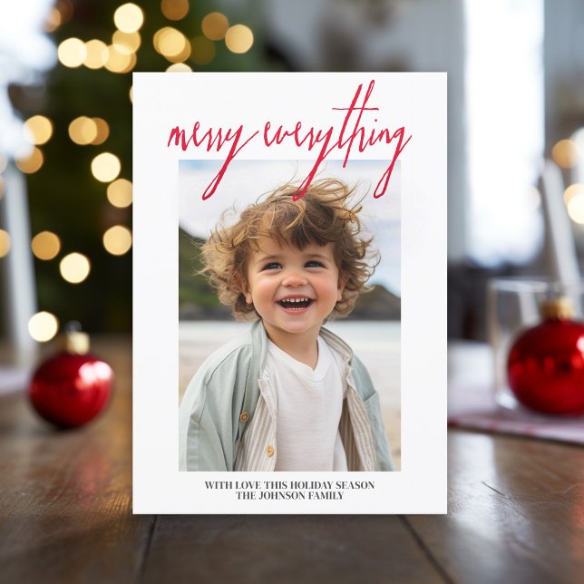 Merry Everything Modern Christmas 1 Photo Red Holiday Card (Modern, minimal Christmas Greeting card with a large photo and script text.)
