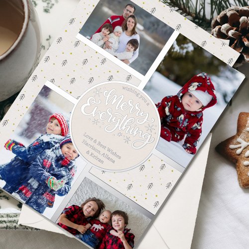 Merry Everything Nordic Pine 4 Photo Silver Foil Holiday Card