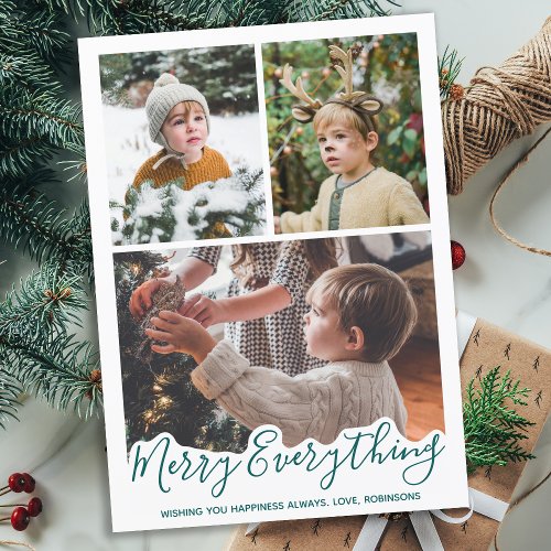 Merry Everything Personalized Modern 3 Photos  Holiday Card