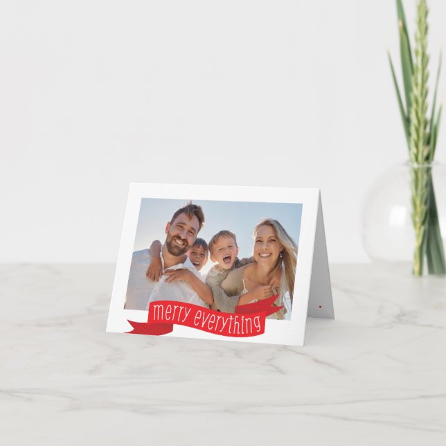 MERRY EVERYTHING PHOTO modern family banner red Holiday Card (Front)