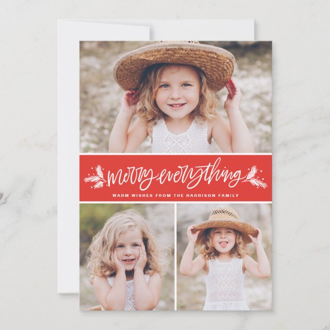 Merry Everything Pine Branches Red Photo Collage Holiday Card (Front)
