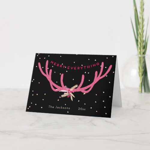 Merry Everything Pink Antlers Christmas on Black Holiday Card