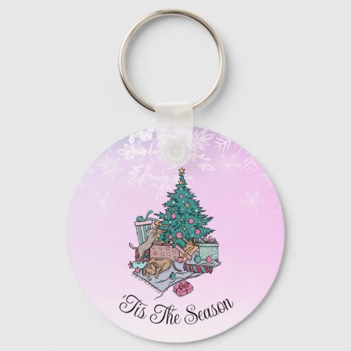 Merry Everything Pink Christmas Tree Cat and Dog Keychain