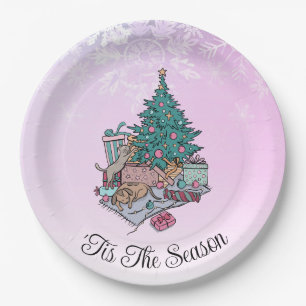 Merry Everything Pink Christmas Tree Cat and Dog Paper Plates
