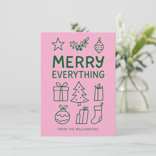 Merry Everything Pink Green Doodle Sketch Add Name Holiday Card (Standing Front)