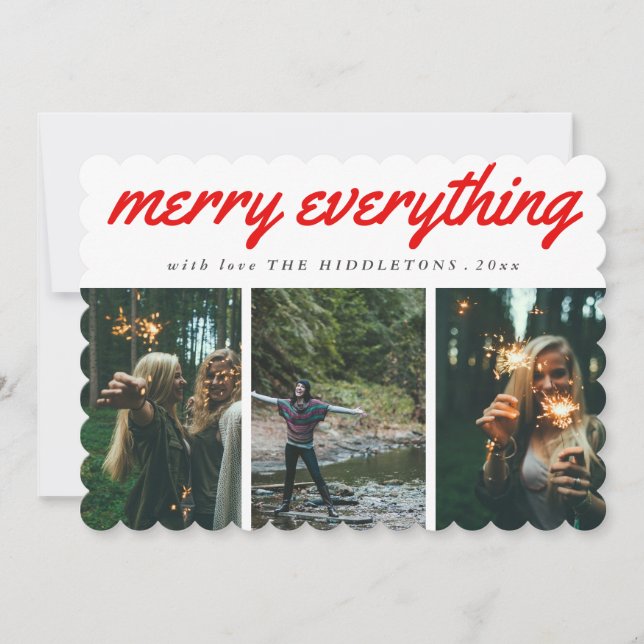 Merry Everything Red Script Three Photo Holiday (Front)