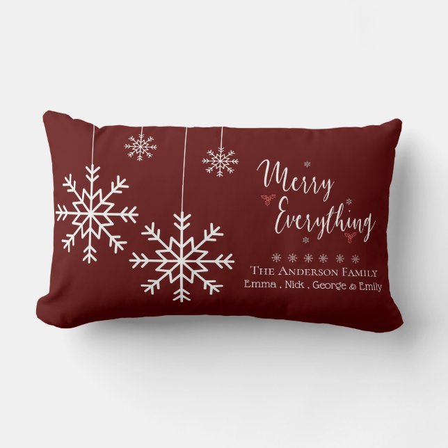 MERRY EVERYTHING Red Snow Flake Family Name Lumbar Pillow (Front)