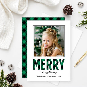 Merry Everything Rustic Green Buffalo Plaid Photo Holiday Card