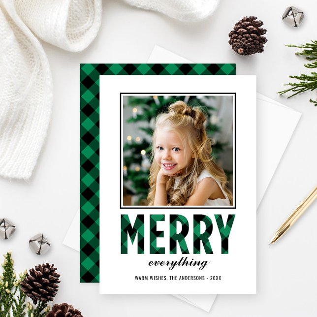 Merry Everything Rustic Green Buffalo Plaid Photo Holiday Card (Creator Uploaded)