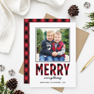 Merry Everything Rustic Red Buffalo Plaid Photo Holiday Card