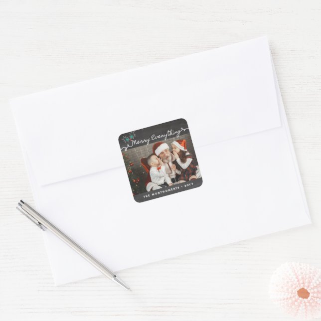 Merry Everything Script Chalkboard Holiday Photo Square Sticker (Envelope)