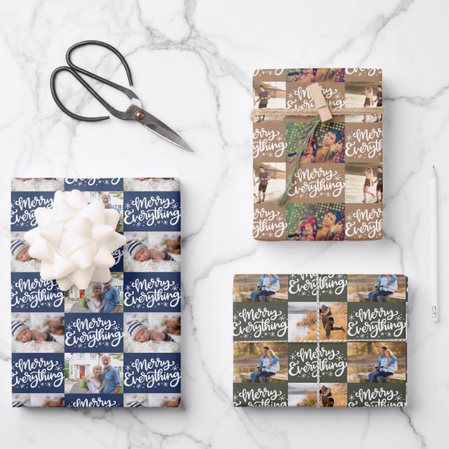 Merry Everything Script Checkerboard 6 Photo Set Wrapping Paper Sheets (Front)