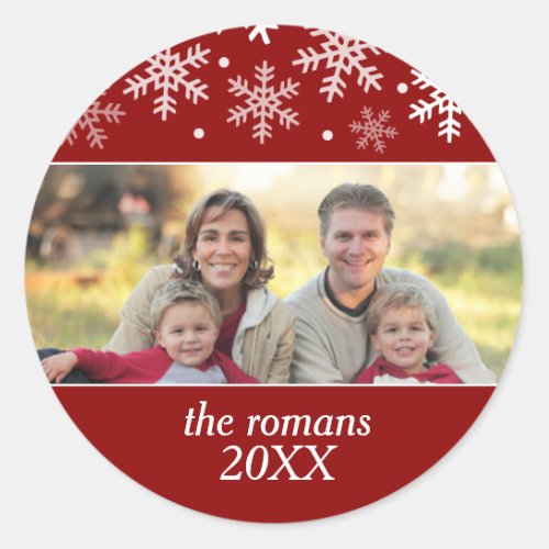 Merry Everything Snowflake Red Holiday Photo Classic Round Sticker