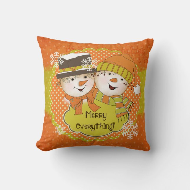 Merry Everything Snowmen Couple Holiday Pillow (Front)