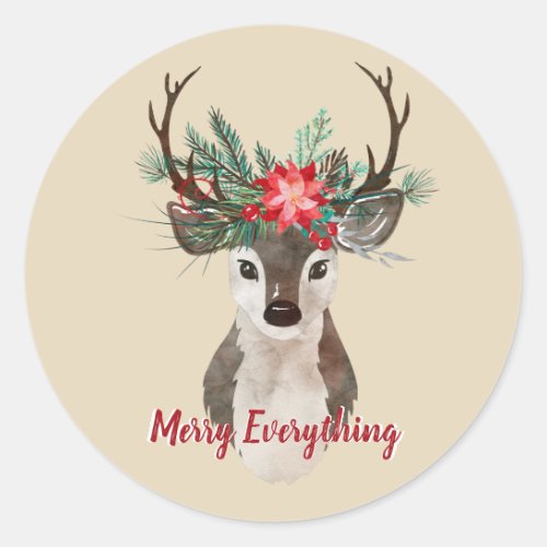 Merry Everything Watercolor Deer Antler Bouquet Classic Round Sticker