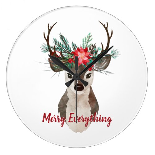 Merry Everything Watercolor Deer Antler Bouquet Large Clock