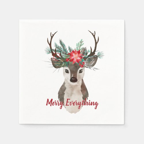 Merry Everything Watercolor Deer Antler Bouquet Paper Napkins