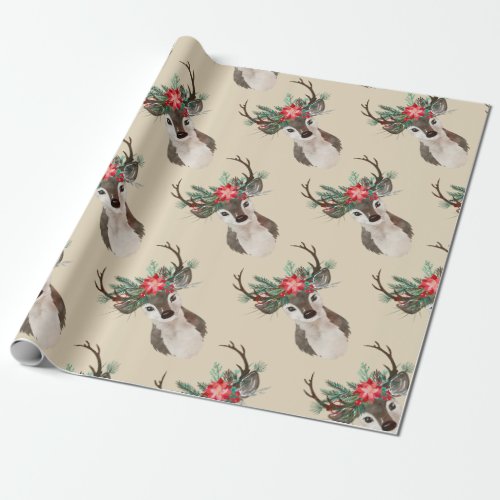 Merry Everything Watercolor Deer Antler Bouquet Wrapping Paper