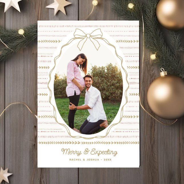 Merry & Expecting Baby Photo, Cute Bow & Doodles Holiday Postcard (Creator Uploaded)