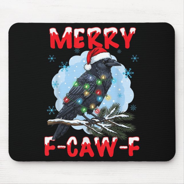 Merry F-caw-f Crow Christmas Snowflake Xmas Lights Mouse Pad (Front)