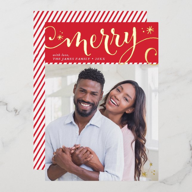 MERRY FAMILY PHOTO fun whimsical calligraphy red Foil Holiday Card (Front/Back)