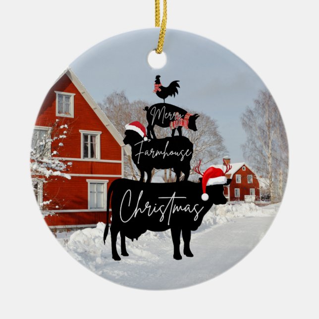 Merry Farmhouse Christmas, Farm Animals  Ceramic Ornament (Front)