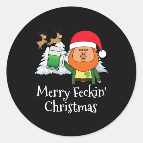 Merry Feckin Christmas Santa Hat Reindeer Snow Tre Classic Round Sticker