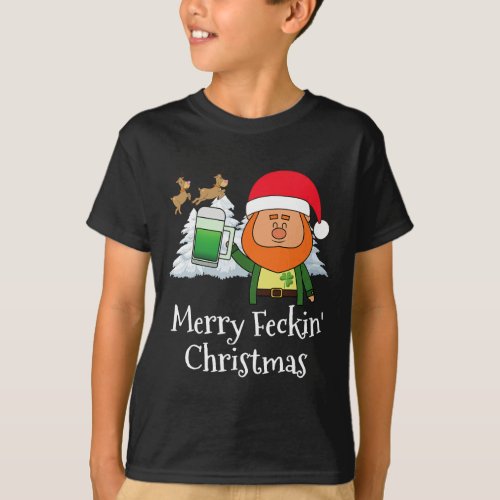 Merry Feckin Christmas Santa Hat Reindeer Snow Tre T_Shirt