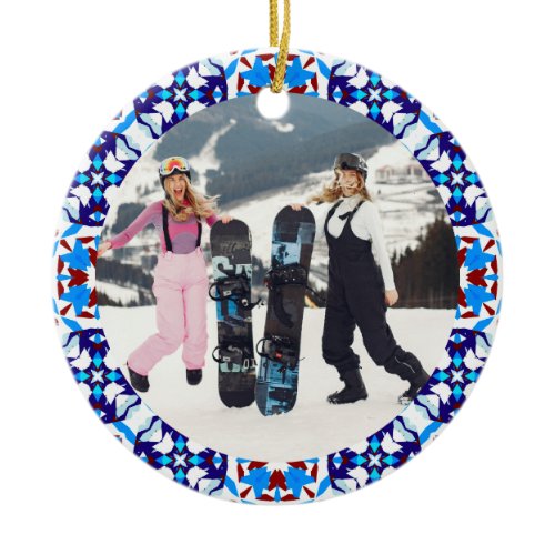 Merry Festive Blue Christmas Photo Picture Frame Ceramic Ornament