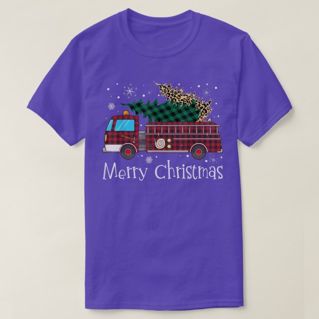 Merry Firefighter Christmas Tree Fire Truck Buffal T-Shirt (Design Front)