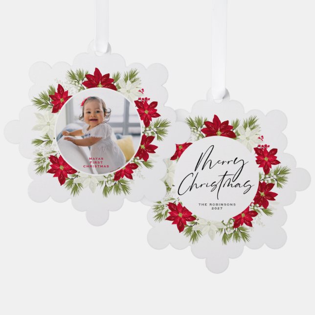 Merry First Christmas Red Poinsettia Wreath Ornament Card (Front/Back)