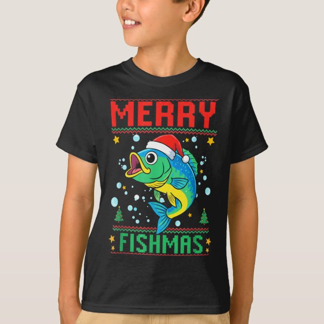 Merry Fishmas B Fish Fishing Christmas  T-Shirt (Front)