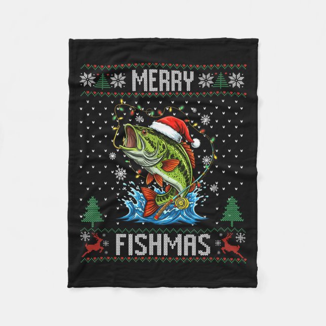 Merry Fishmas B Fish Fishing Christmas Ugly Sweate Fleece Blanket (Front)