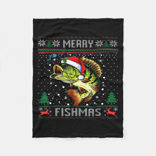Merry Fishmas B Fish Fishing Christmas Ugly Sweate Fleece Blanket (Front)