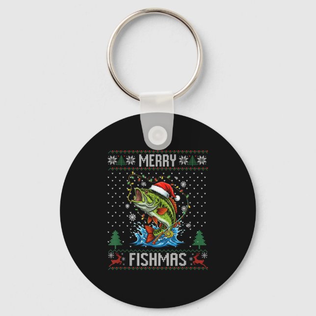 Merry Fishmas B Fish Fishing Christmas Ugly Sweate Keychain (Front)