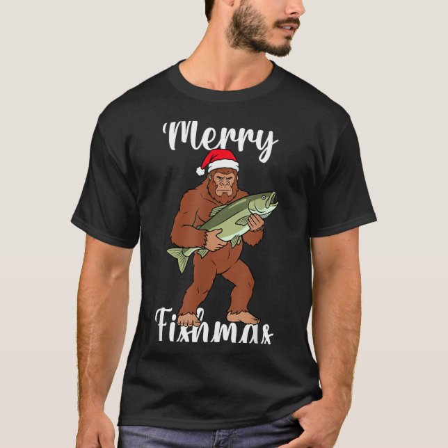 Merry Fishmas Bigfoot Fishing Funny Sasquatch Sant T-Shirt (Front)