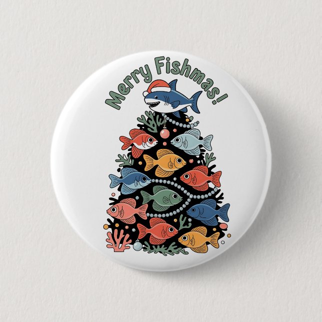 Merry Fishmas Christmas Tree Fish Funny Fishing Button (Front)
