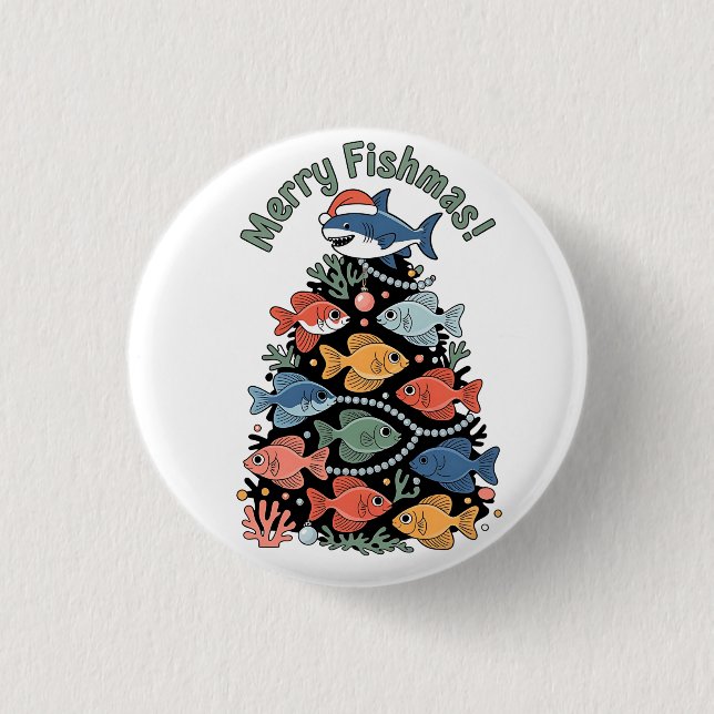 Merry Fishmas Christmas Tree Fish Funny Fishing Button (Front)