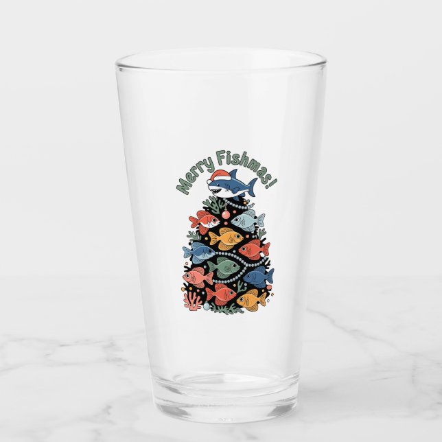 Merry Fishmas Christmas Tree Fish Funny Fishing Glass (Front)