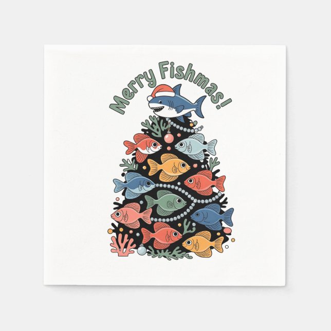 Merry Fishmas Christmas Tree Fish Funny Fishing Napkins (Front)